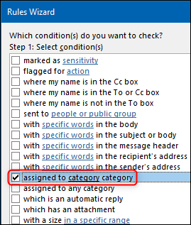 A opção "atribuído à categoria de categoria" no Assistente de regras.