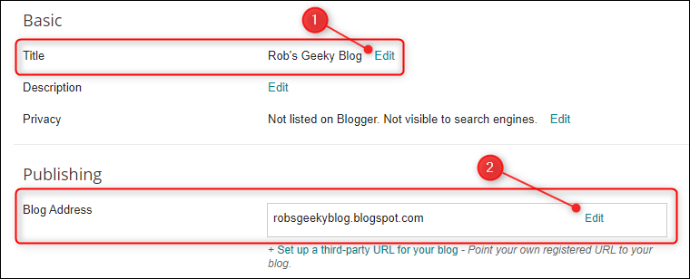 As configurações, com título e endereço do blog destacados.