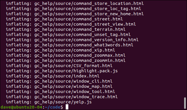 Saída de fdfind-e zip -x unzip {} -d {//} em uma janela de terminal.