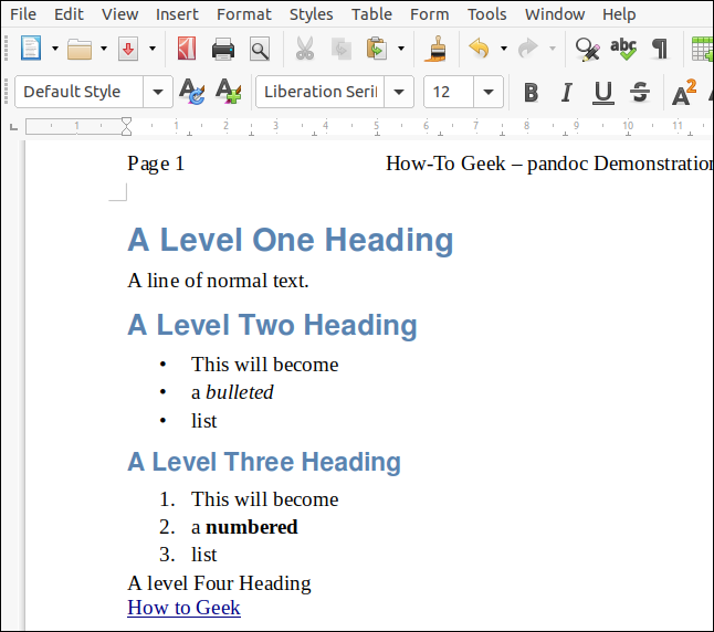 Um arquivo ODT renderizado a partir do markdown com um documento do LibreOffice atuando como uma folha de estilo, em uma janela do LibreOffice Writer.