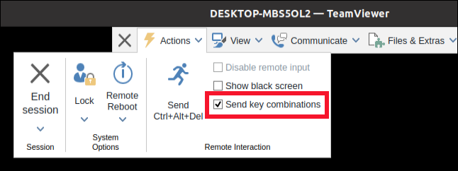 Selecione "Enviar combinações de teclas" para enviar suas combinações de teclas para o computador remoto.