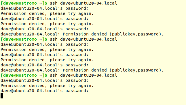 ssh dave@ubtuntu20-04.local em uma janela de terminal com muitas tentativas de senha falhadas.