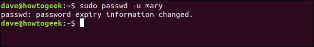A mensagem de alteração dos dados de expiração da senha em uma janela de terminal.