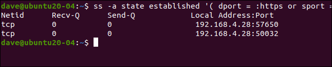 ss -a estado estabelecido '(dport =: https ou sport =: https)' em uma janela de terminal.