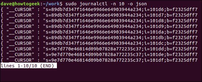 sudo journalctl -n 10 -o json em uma janela de terminal