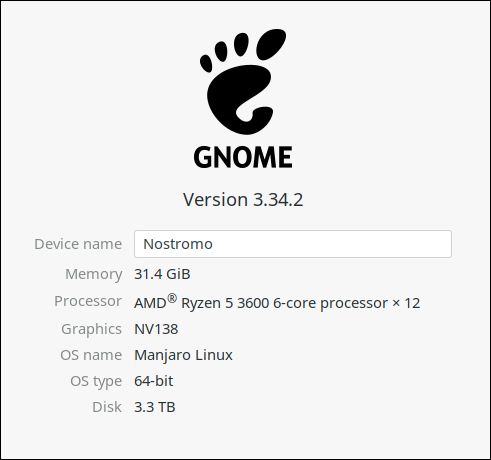 A guia "Sobre" das Configurações do GNOME para um host físico.