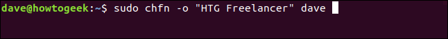 sudo chfn -o "HTG Freelancer" dave em uma janela de terminal