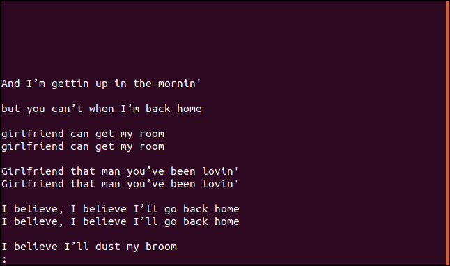 Saída do comando "uniq --group = append Sort.txt | less" em less em uma janela de terminal.