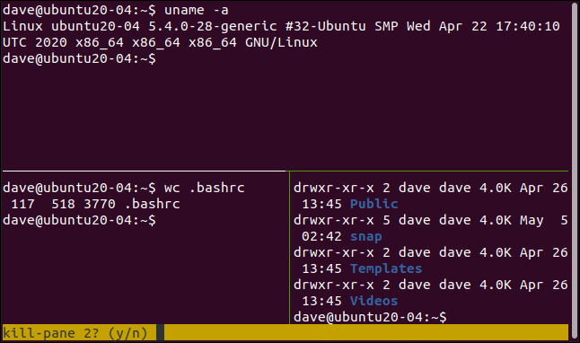 pedido do tmux para excluir um painel em uma janela de terminal.