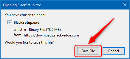 Clique em "Salvar arquivo" para salvar o instalador do aplicativo Slack.