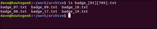 Um comando "ls badge_ [01] [789] .txt" em uma janela de terminal.