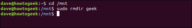 sudo rmdir geek em uma janela de terminal