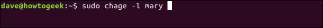 O comando "sudo chage -l mary" em uma janela de terminal.