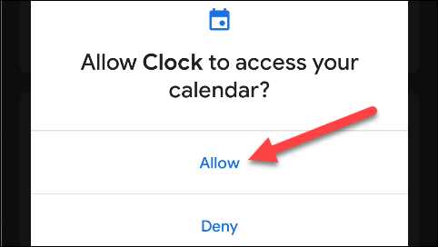 Toque em "Permitir" para permitir que o Google Clock acesse sua agenda.