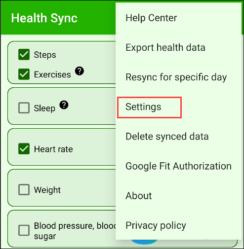 Toque em "Configurações" no aplicativo Health Sync.