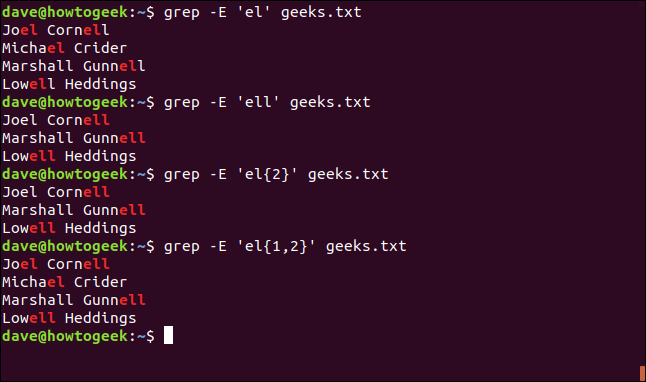 O comando "grep -E 'el' geeks.txt" em uma janela de terminal.