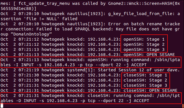 Um syslog mostrando os eventos de alteração de porta em uma janela de terminal.