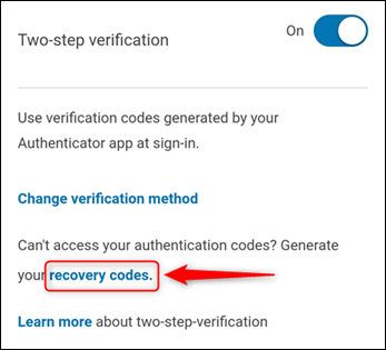 As configurações de "Verificação em duas etapas", com "códigos de recuperação" destacados.