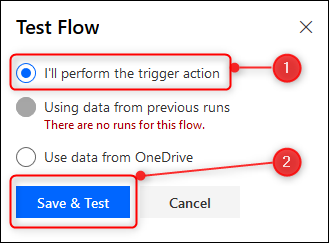 As opções de fluxo de teste e o botão Salvar