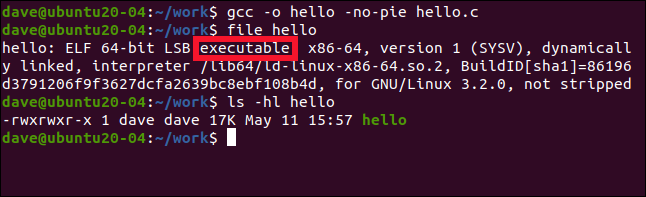 gcc -o hello -no-pie hello.c em uma janela de terminal.