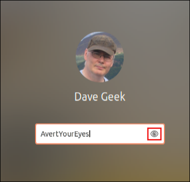 Tela de login do Ubuntu 20.04 com imagem do usuário e fundo borrado da área de trabalho, mostrando o ícone de olho no campo de senha