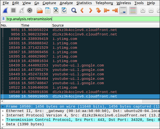 Wireshark com um filtro de tcp.analysis.retransmission.