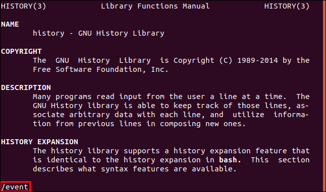 O comando "/ event" na página "history man" em uma janela de terminal.