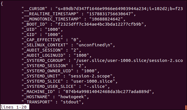 saída de sudo journalctl -n 10 -o json-pretty em uma janela de terminal