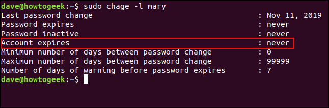 Saída do comando "chage", mostrando uma data de vencimento da conta "nunca" em uma janela de terminal.