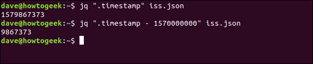 Os comandos "jq" .timestamp "iss.json" e "jq" .timestamp - 1570000000 "iss.json" em uma janela de terminal.