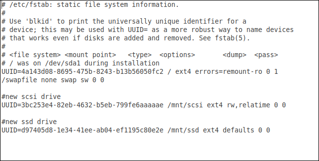 arquivo fstab após editar e adicionar as unidades SCSI e SSD