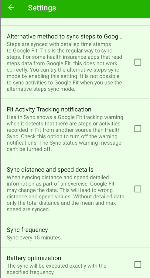 O menu "Configurações" do Health Sync.