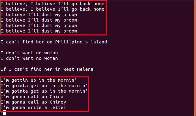 Saída do comando "uniq -w 3 --group = append Sort.txt | less" em uma janela de terminal.