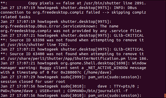 Saída de sudo journalctl -f |  fold -w 65 -s em uma janela de terminal