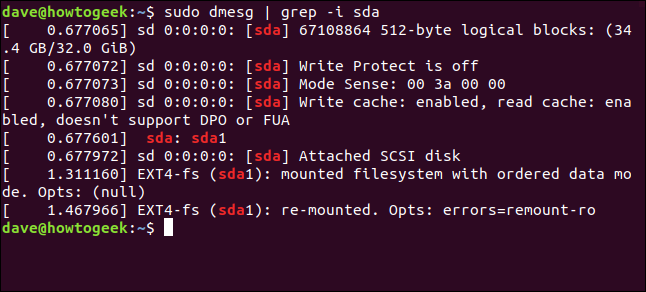 saída de sudo dmesg |  grep -i sda em uma janela de terminal