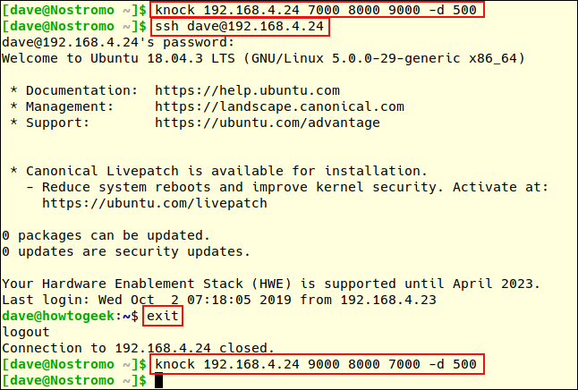 Port knocking e sessão de conexão ssh em uma janela de terminal.