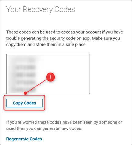 Os códigos de recuperação, com "Copiar Códigos" destacado.