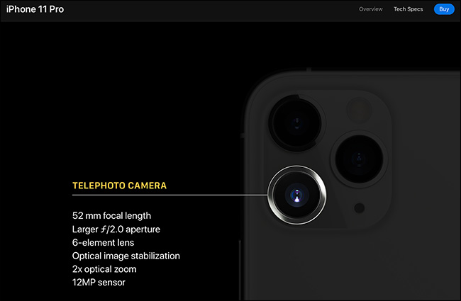 Os detalhes da câmera telefoto no iPhone 11 Pro.