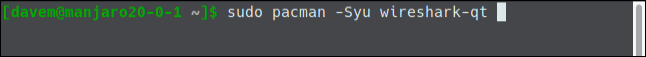 sudo pacman -Syu wireshark-qt em uma janela de terminal.