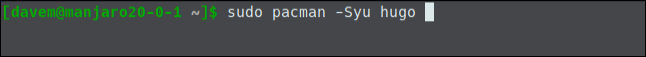 sudo pacman -Syu hugo em uma janela de terminal.