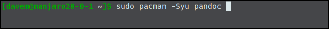 sudo pacman -Syu pandoc em uma janela de terminal.