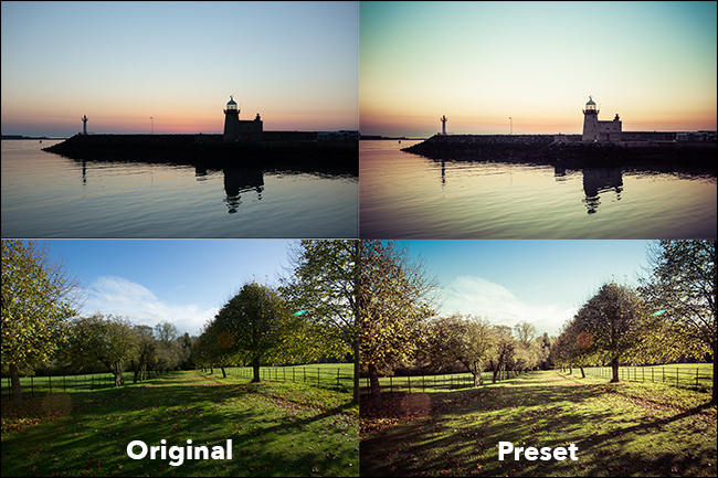 cenas de praia e campo, mostradas antes e depois de as predefinições serem aplicadas
