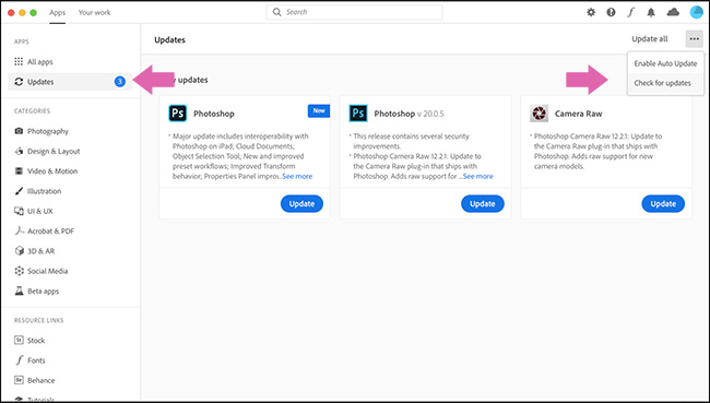 Clique em “Updates” para baixar a versão mais recente do Photoshop.