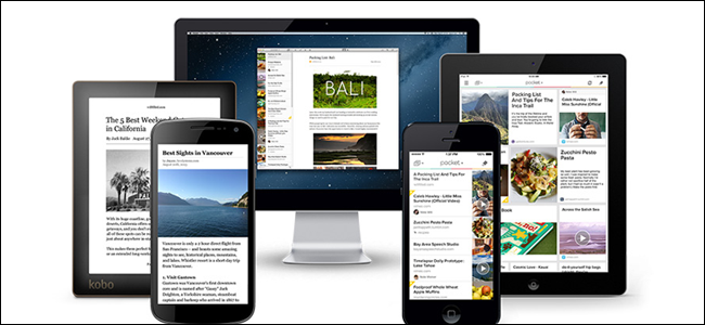 O aplicativo Pocket em cinco dispositivos diferentes.