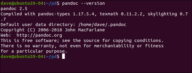 pandoc --version em uma janela de terminal.