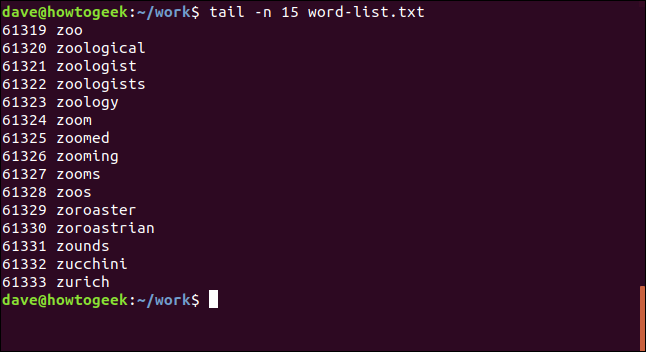 tail -n 15 word-list.txt em uma janela de terminal