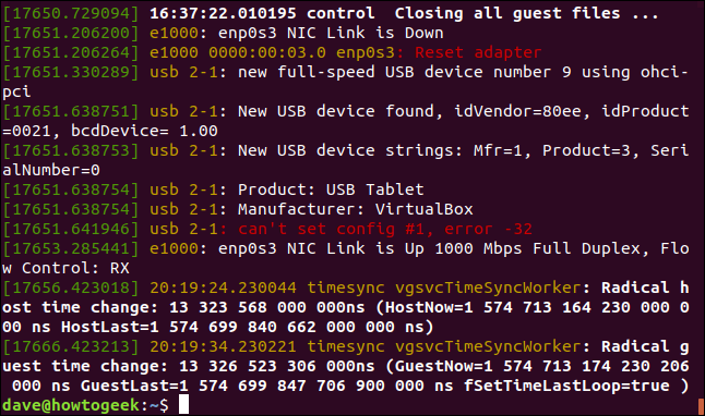 Saída de sudo dmesg em uma janela de terminal