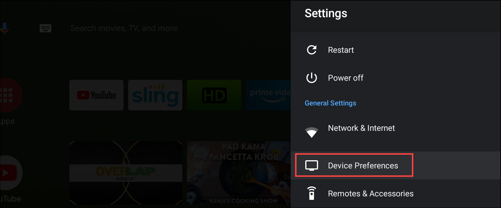 preferências do dispositivo android tv