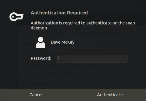 Janela de diálogo de autenticação do Ubuntu
