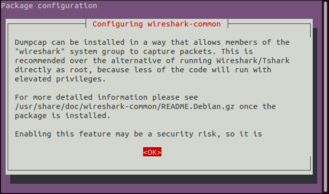Tela de instalação recomendando não executar o Wireshark como root.